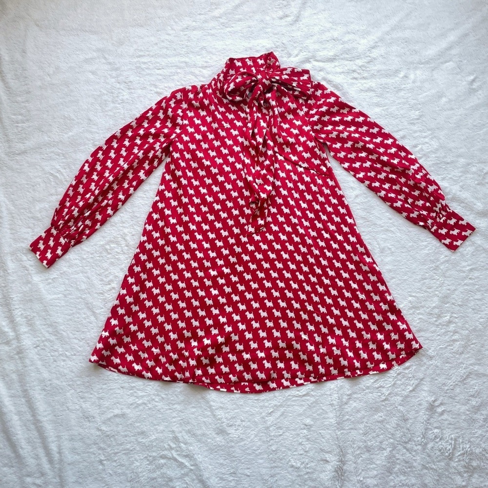 Maeve The Carole Tie-neck Mini Dress Red Scottie Dog Print Pockets‎ Size XXS